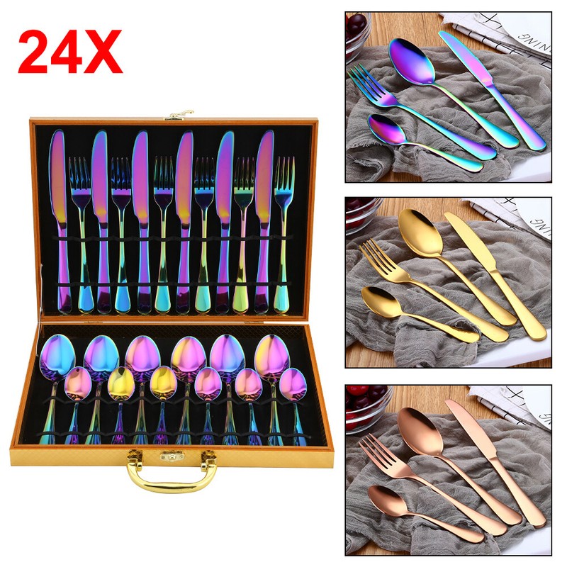 Edelstahl Rostfrei 24 tlg. Besteck Set Essbesteck für 6 Regenbogen Peronen DE