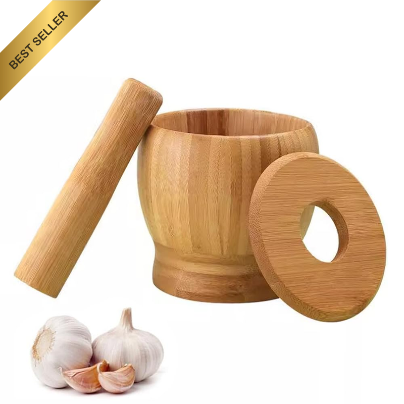 Wooden Mortar and Pestle Set – Natural Bamboo Garlic Press & Spice Grinder with 