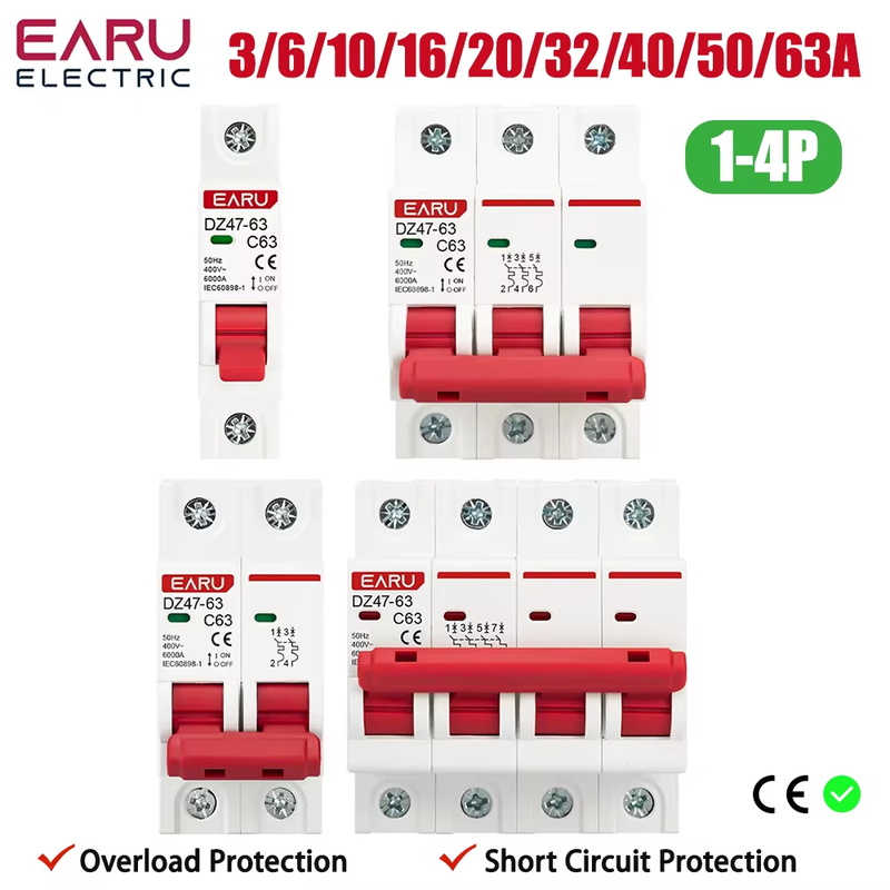 DZ47 1-4 Pole 3A 6A 10A 16A 20A 32A 40A 50A 63A 400V C Type Mini Circuit Breaker