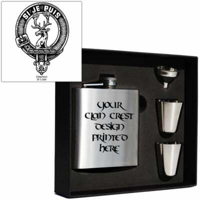 Art Pewter Colquhoun Clan Crest 6oz Hip Flask Box Set (S) HF6 S-C13 Scottish