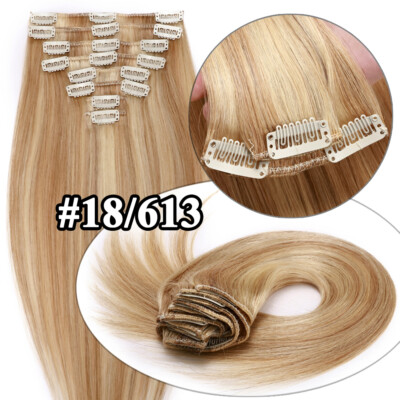 Clip in 100% Remy Human Hair Extensions Full Head Weft Highlight Brown Blonde US