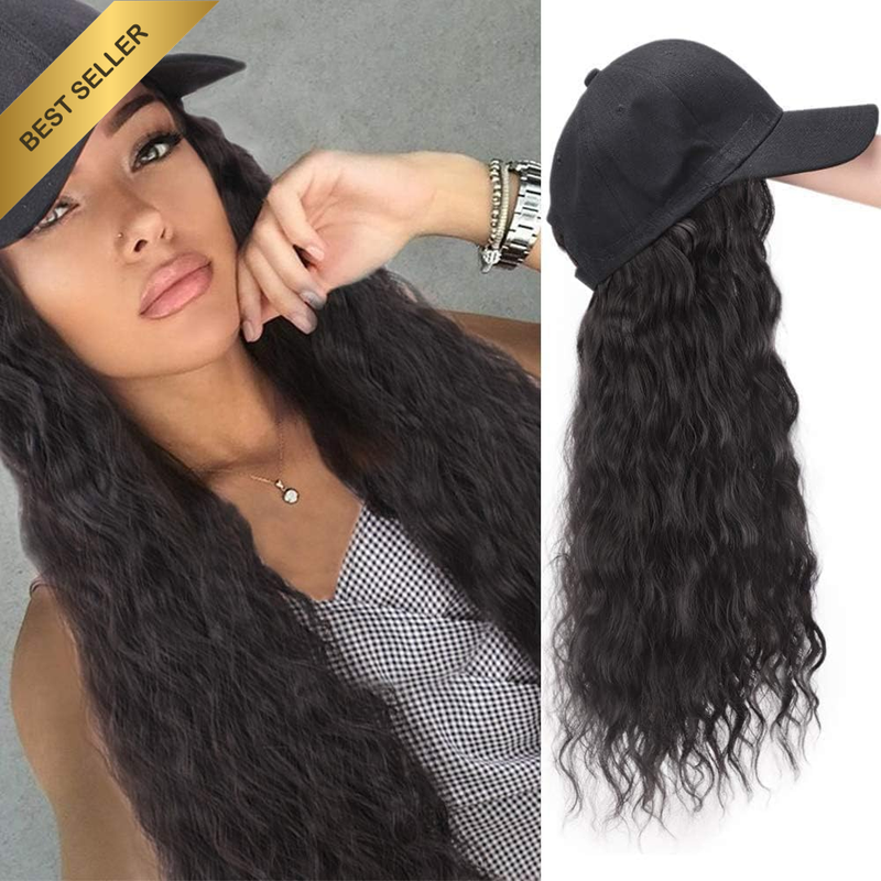 Synthetic Long Wave Baseball Cap with Hair Black Wavy Women Wig Hats with Hair W