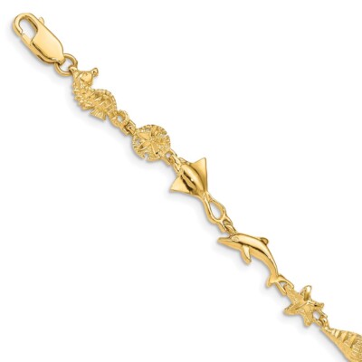 Pre-owned Skyjewelers Real 14k Yellow Gold Polished And Textured Ocean Motif 7 Inch Chain Bracelet