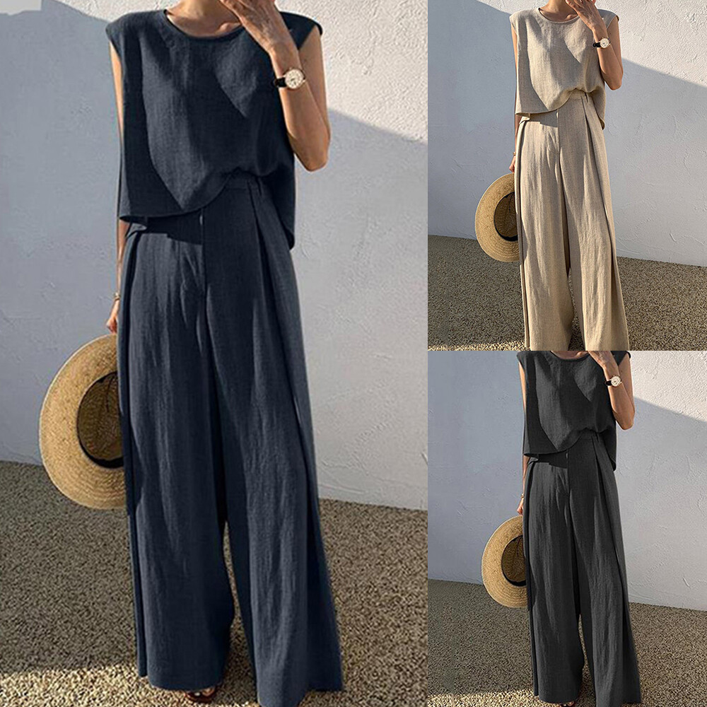 Plus Size Women Cotton Linen Outfits Suit Sleeveless T-Shirt Vest Wide Leg Pants