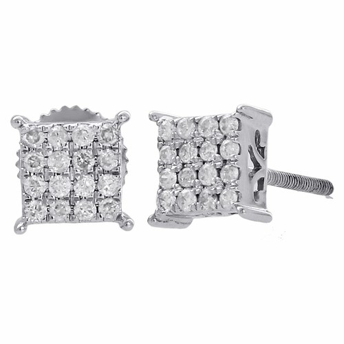 10K White Gold Diamond Square Studs Small 6.50mm 4 Prong Earrings 0.25 Ct