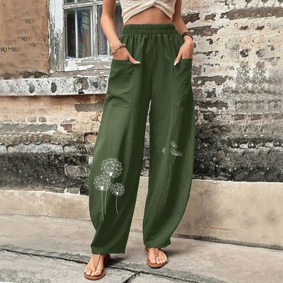 Women Floral Elastic Waist Harem Pants Pockets Wide Leg Casual Gypsy Trousers US