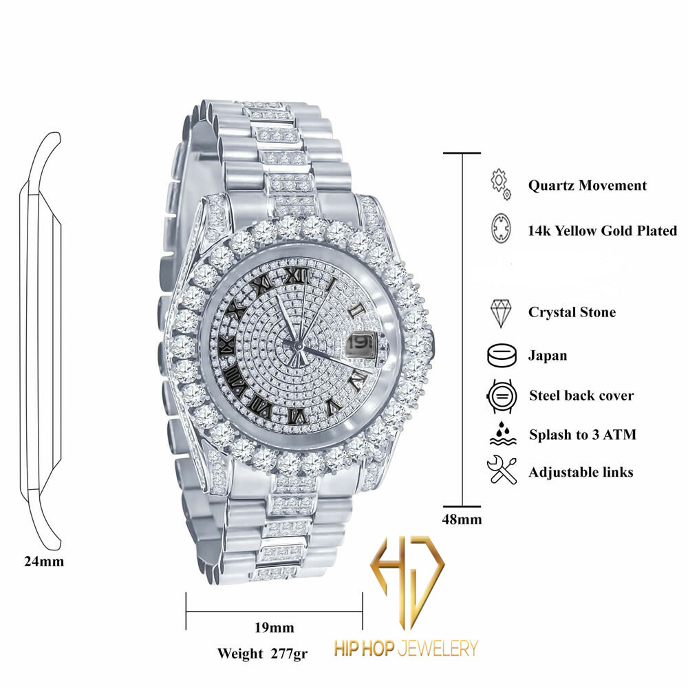 Pre-owned Bling Master 18k White Gold Tone Stainless Steel Simulated Diamonds Presidential Watch 41mm