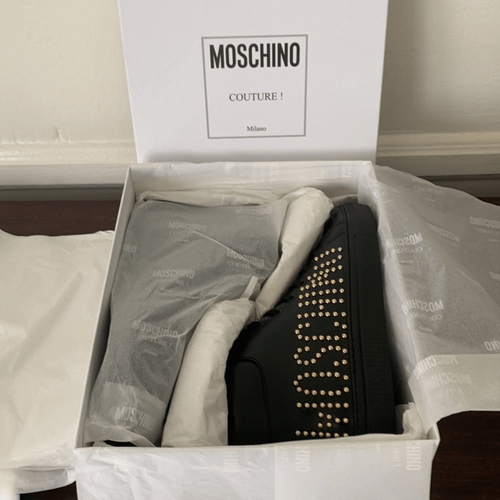 Pre-owned Moschino High Top Logo Studded Leather Sneaker Size 7 In Black