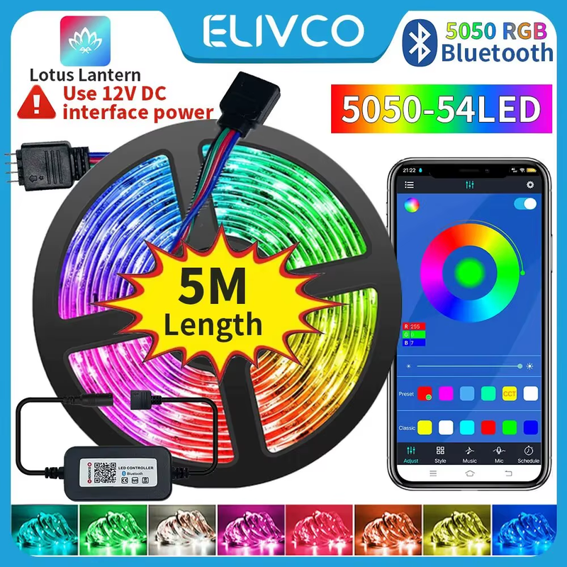 12V Led Strip Lights RGB 5050 5M 54 LEDS Bluetooth APP Control Luces Led Flexibl