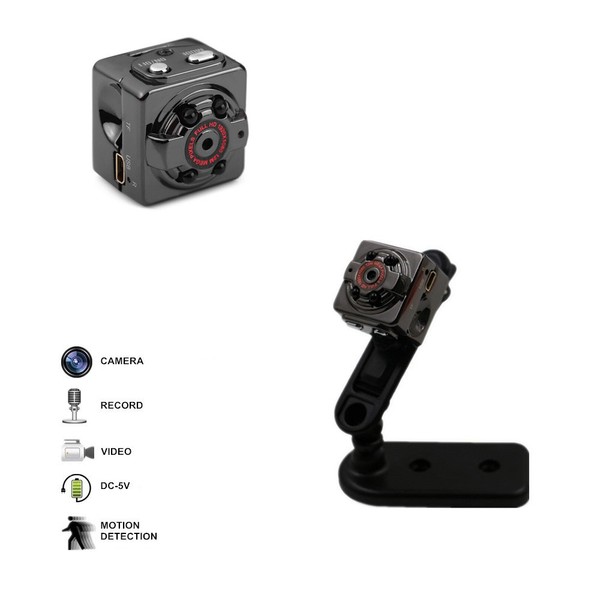 Compact action camera with mounting bracket and icons.