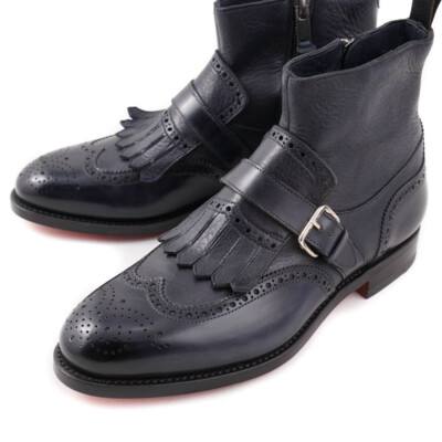 Pre-owned Santoni $1295  Goodyear Welt Navy Ankle Boots With Buckle Detail Us 6 Shoes In Blue
