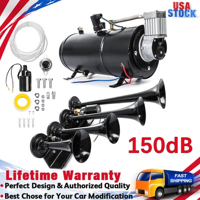 4 Trumpets 150dB 150psi 1 Gallon Air Tank Compressor Kit 12V For Train Car Truck