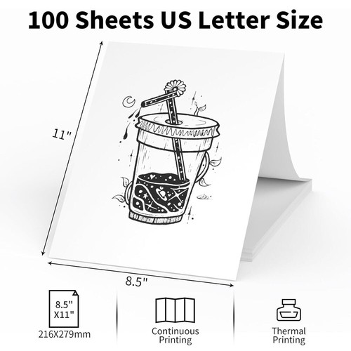 100-1000 Sheet Thermal Printer Paper 8.5" x 11" US Letter Size Inkless Printing