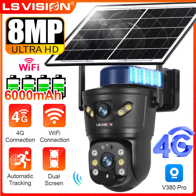 8MP 4G Solar Camera Outdoor WiFi Security Camera Dual Len PIR Night Vision Auto