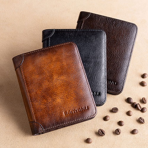 Genuine Leather Men Bifold/Trifold Wallet RFID Blocking Credit Card Holder Retro