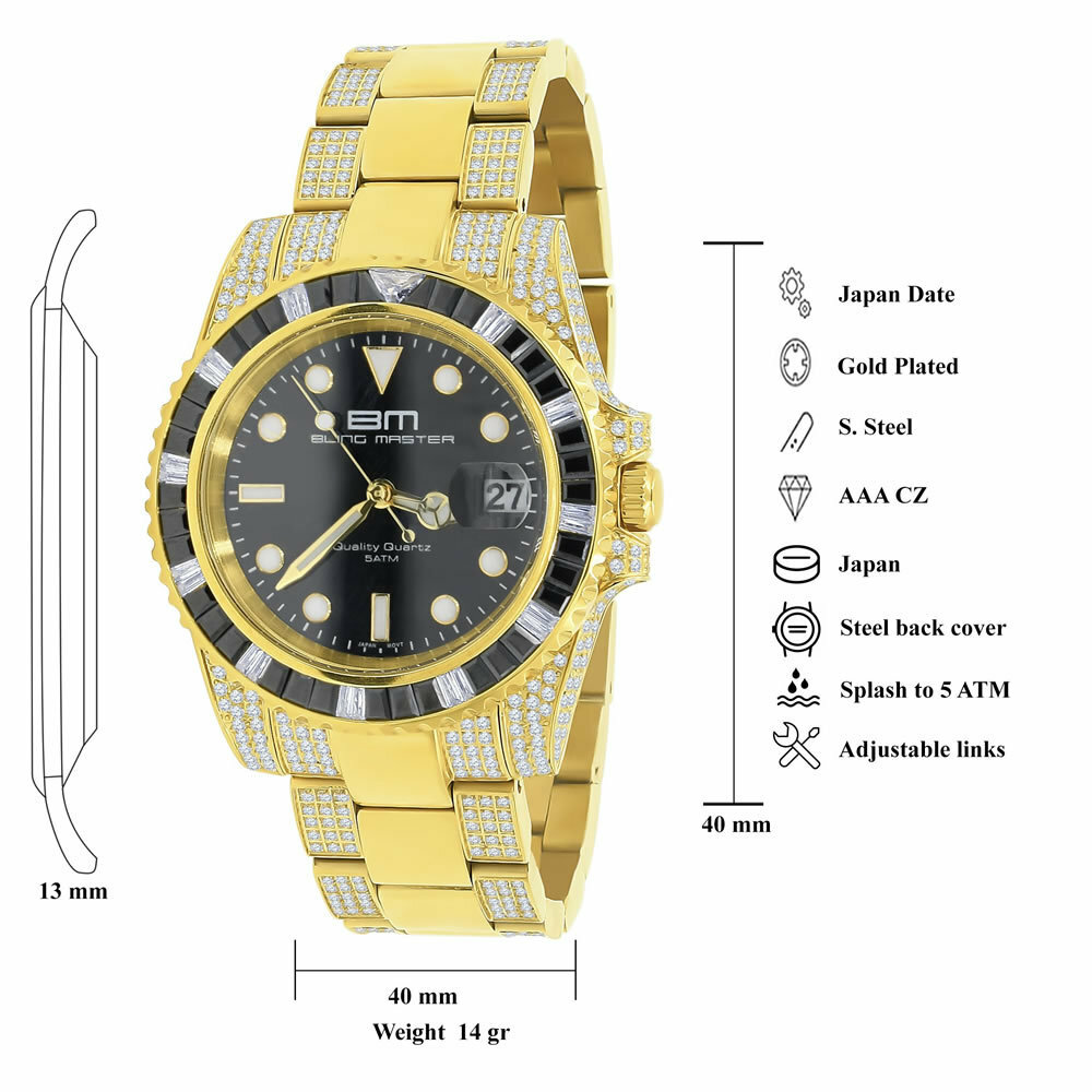 Pre-owned Bling Master Solid Stainless Steel 18k Yellow Gold Simulated Diamond Mens Presidential Watch