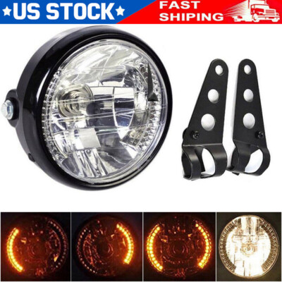7''Inch Motorcycle LED Headlight Turn Light W/Black Housing Bucket Universal