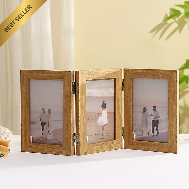 Triple Hinged Photo Frame,Multi-Panel Folding Display,Natural,5 X 7 | Small Port