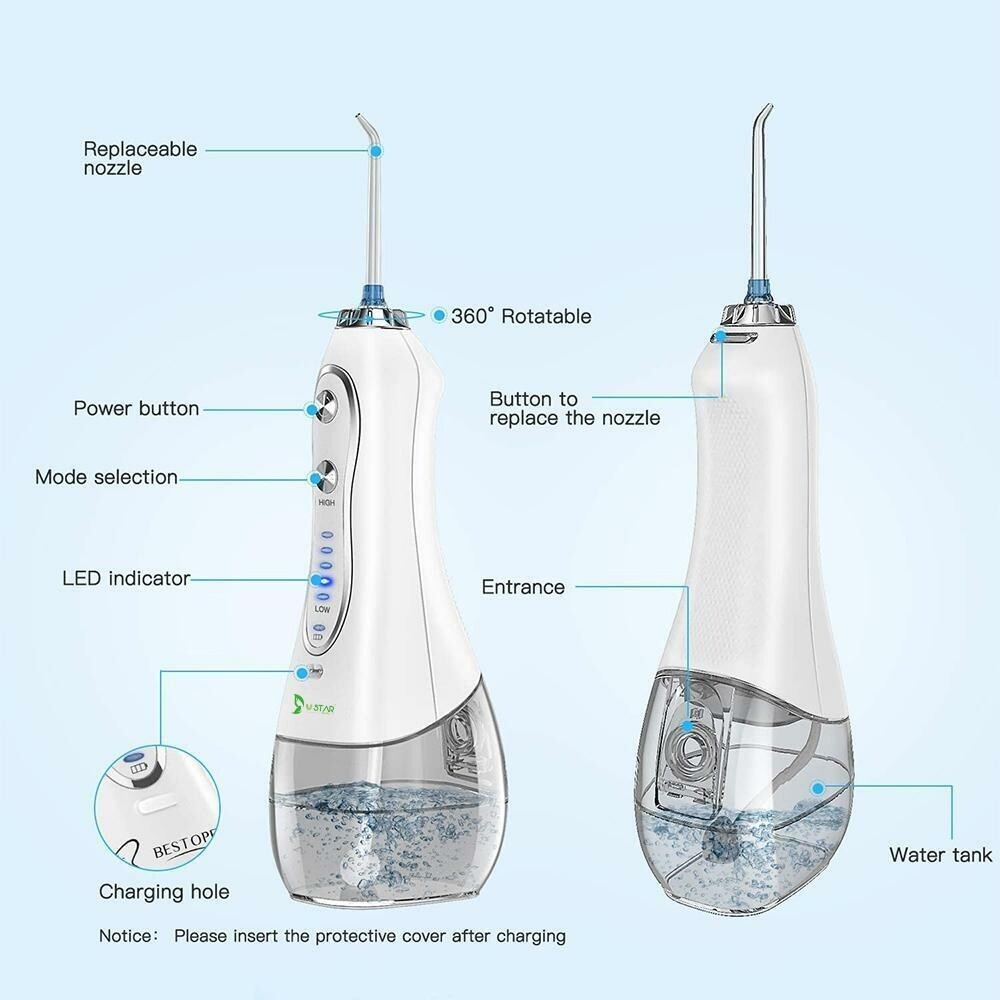 Ustar Water Flosser 300ML 5 Modes & 6 Jet Tips - IPX7 Waterproof Cordless Dent