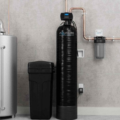 AQUASURE Water Softener W/ Fine Mesh Resin Eliminates Iron Digital Control Black