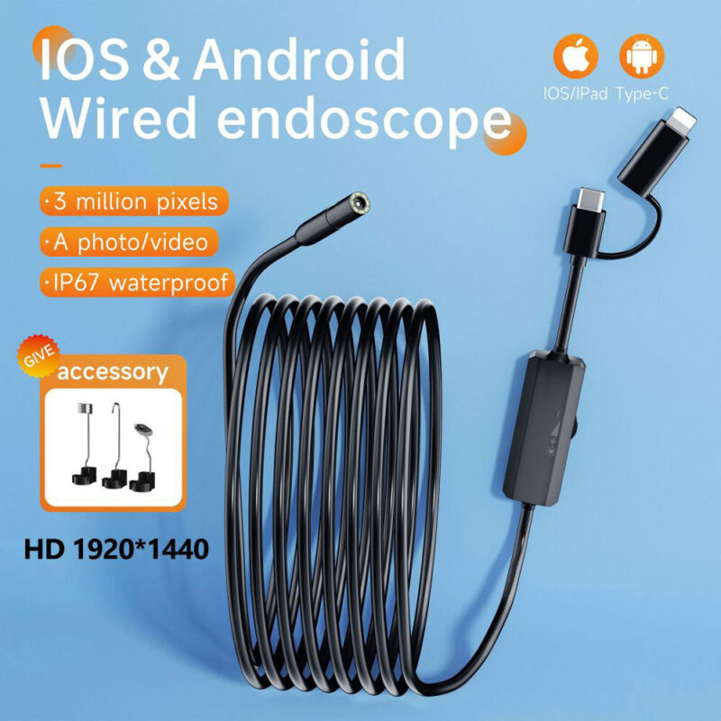 8LED Endoscope Inspection Camera Flexible Video Cam for iPhone iOS