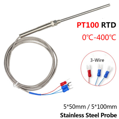 PT100 RTD Temperature Sensor Resistance Thermometer 3-Wire 400  Probe 5*50/100mm