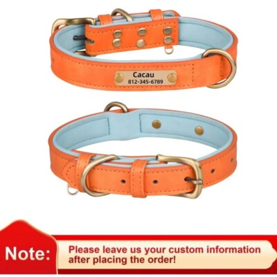 Personalized Soft Leather Dog Collar Custom Pet Name/Number Engraved XS-XL