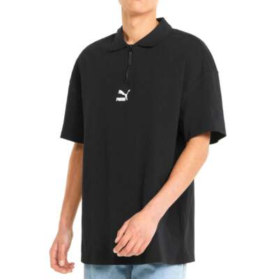 Puma Classics Oversized Short Sleeve Half Zip Polo Shirt Mens Black Casual 53356