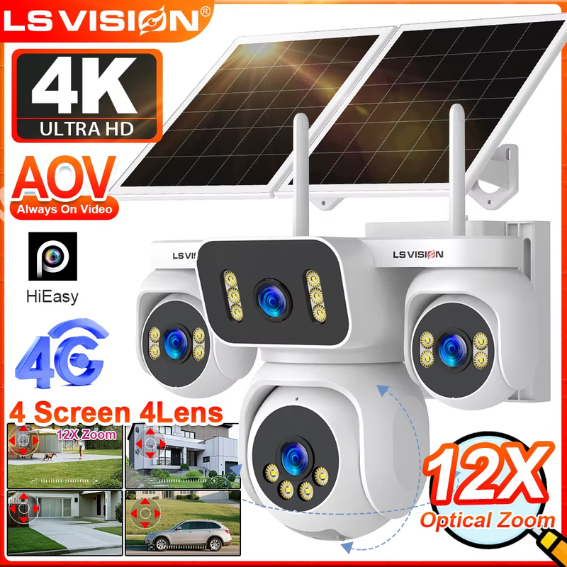 20MP AOV 4G Solar Camera 12X Zoom Outdoor Surveillance Camera Four Len 24/7 Reco