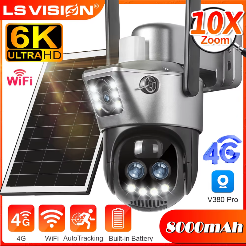 12MP 4G/WiFi Solar Camera Dual Screen Three Lens 10X Zoom Outdoor Surveillance C