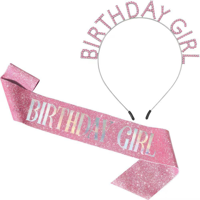 Pink Birthday Sash & Tiara Set for Women Girls, Princess Crown Headband for Birt