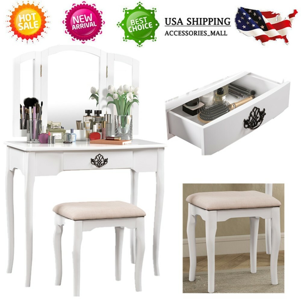 Vanity Table Dressing Makeup Dresser Set Tri Fold Mirror Storage
