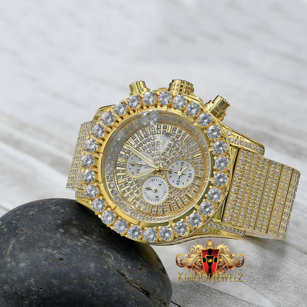 Pre-owned Blingmaster Solid Stainless Steel Yellow Gold Tone Simulated Diamond 10 Row Band Watch 48mm