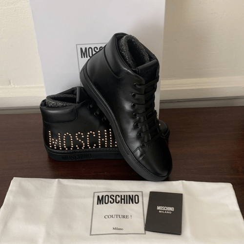 Pre-owned Moschino High Top Logo Studded Leather Sneaker Size 7 In Black