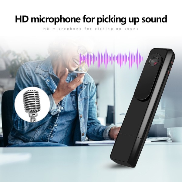 HD voice recorder with microphone for clear audio capture.