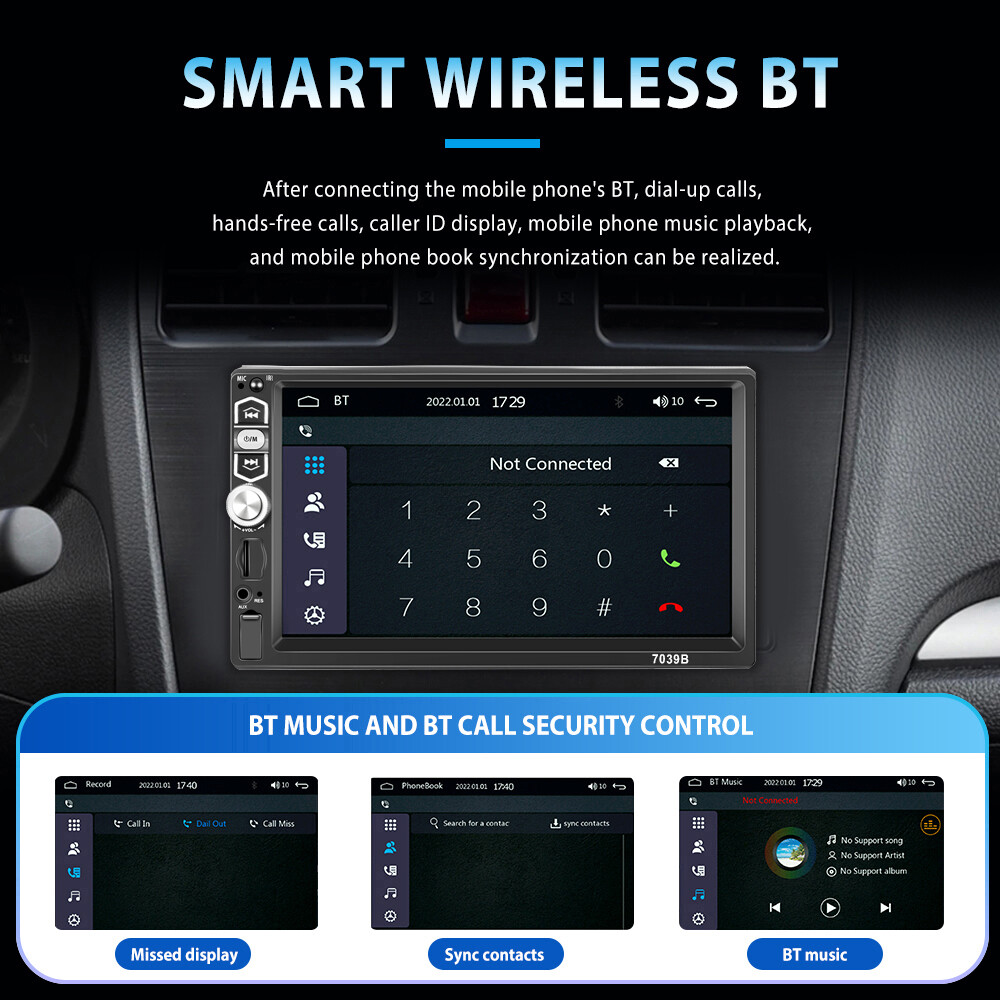 Single Din Car Stereo Wireless Apple CarPlay 7" touchscreen Bluetooth Radio USB