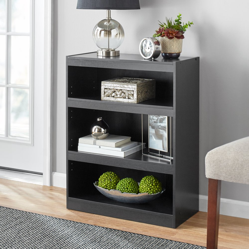 Bookcase 3-Shelf Cabinet Storage Framed 2-Adjustable Shelves, True Black Oak