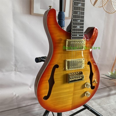 Cherry Sunburst Semi-Hollow Body Electric Guitar Flame Maple HH Pickups Tremolo