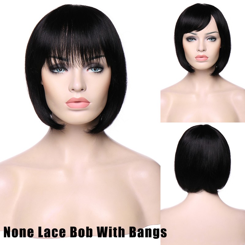 Soft Peruvian Human Hair Lace Front Bob Wig Blunt Cut Straight Short Full Wig 55