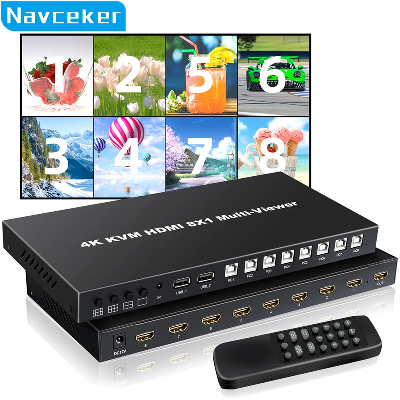 4K HDMI-compatible KVM Multiviewer Switch 8 In 1 Out 1080P Quad Screen Multi Vie