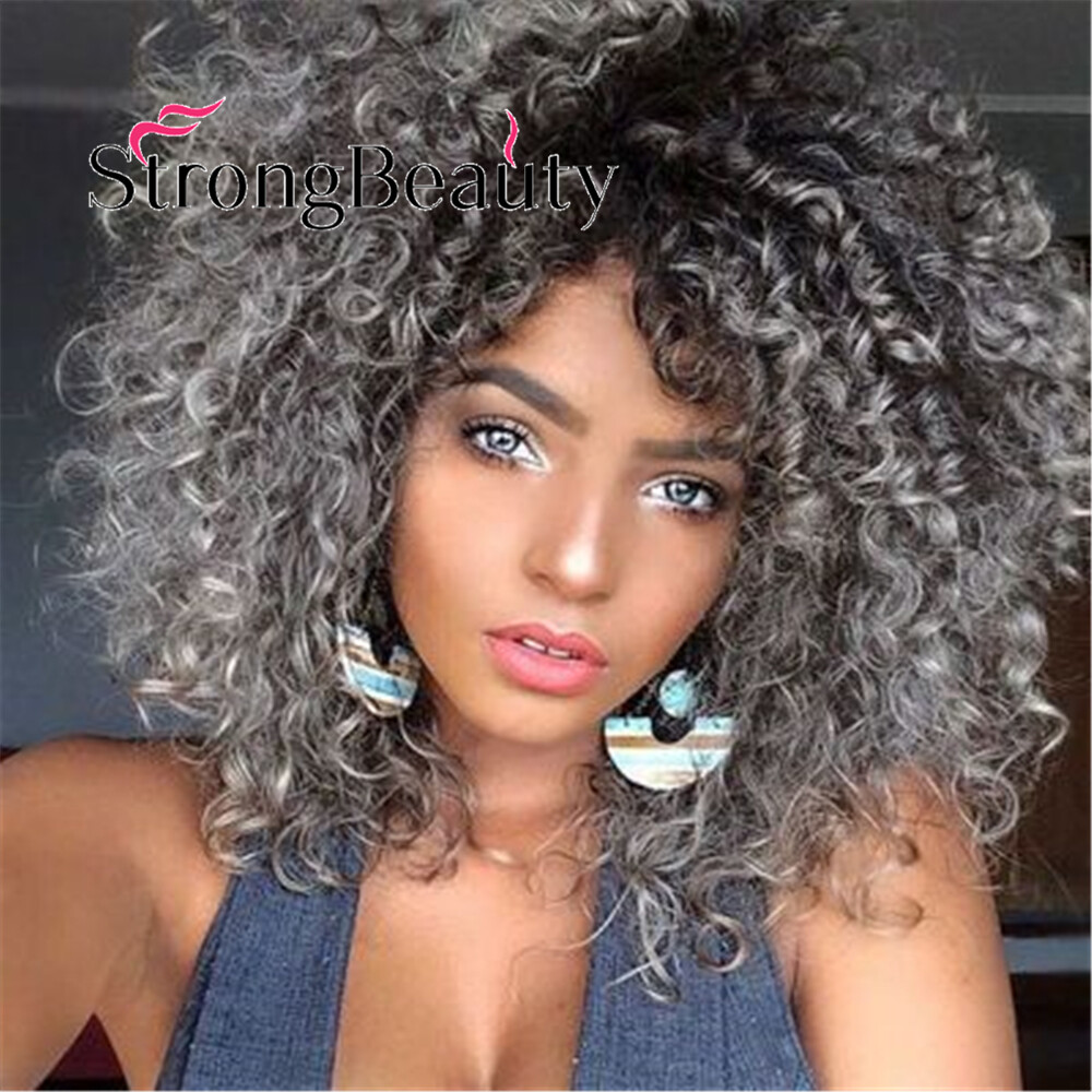 Synthetic Short Afro Curly Wig Full Ombre Grey Wigs With Bangs For