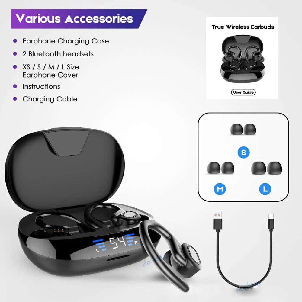Bluetooth Headset 5.0 True Wireless Earbuds Headphones Ear Hook With Power Bank