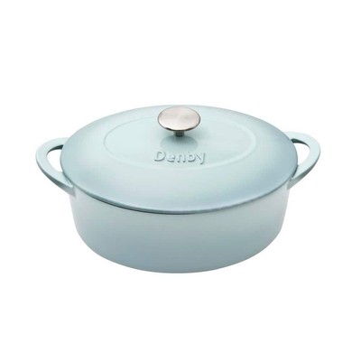 Denby Dutch Oven Oval Cast Iron Casserole Dish + Grip Handles w/ Lid in Blue