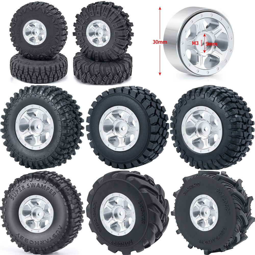 CNC 1.0" Silver Beadlock Wheel Rims & Tires for 1/24 Crawler
