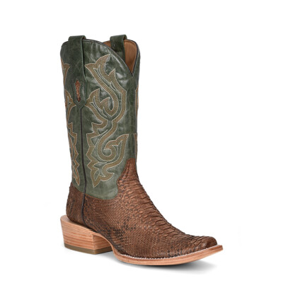 Pre-owned Corral Boots Corral Men's Brown & Green Python Leather Square Toe Boots A4287