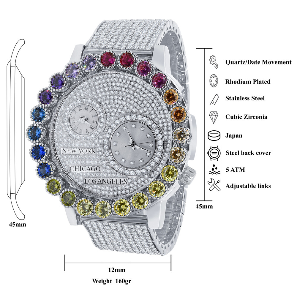 Pre-owned Ice Master Real Diamond Men White Gold 2 Time Zone Prong Set Dial Rainbow Chronograph Watch