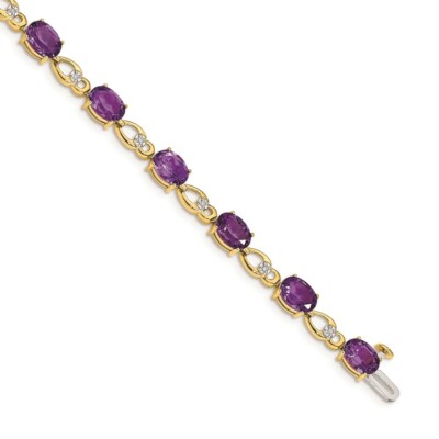 Pre-owned Skyjewelers Real 14kt Yellow Gold Amethyst And Diamond Chain Bracelet; 7 Inch