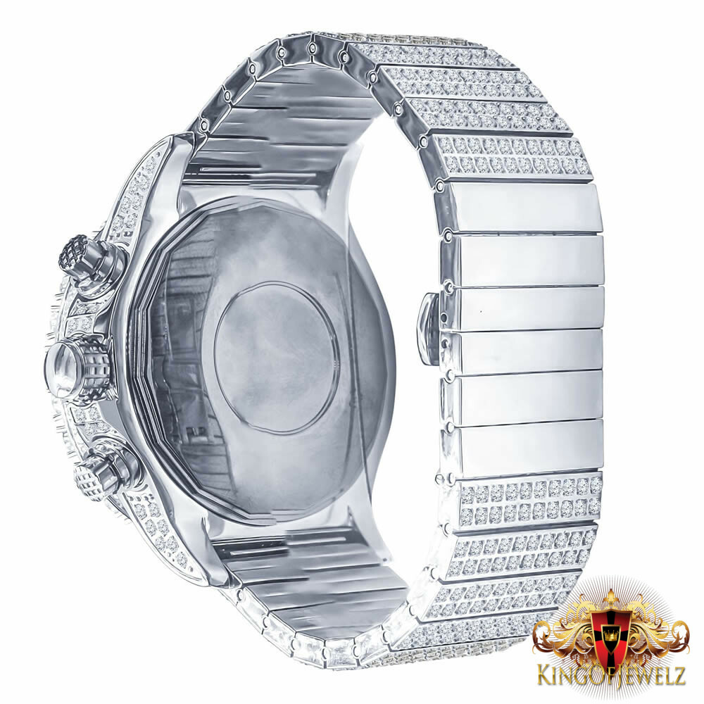 Pre-owned Blingmaster Solid Stainless Steel White Gold Tone Simulated Diamond 10 Row Band Watch 48mm