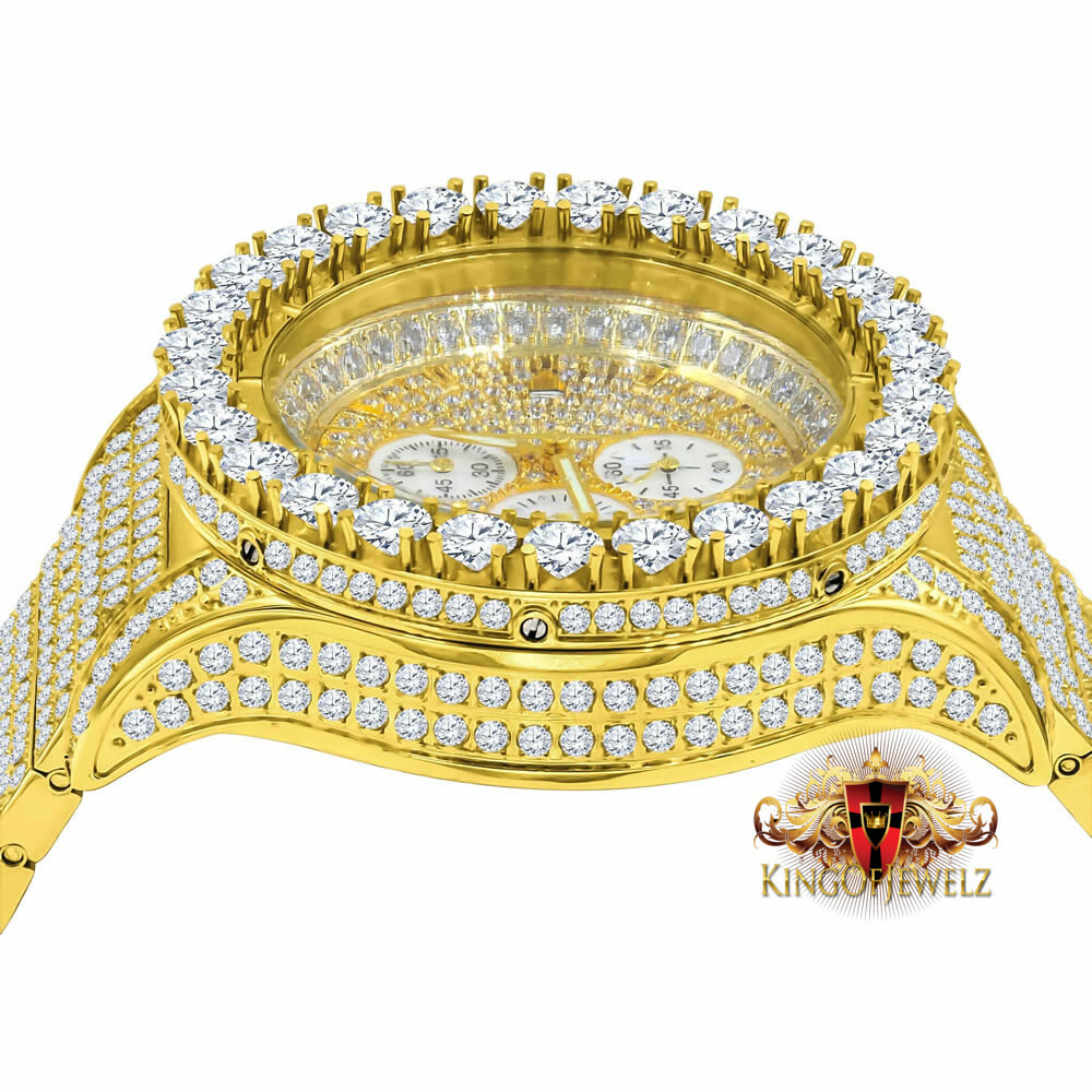 Pre-owned Blingmaster Solid Stainless Steel Yellow Gold Tone Simulated Diamond 10 Row Band Watch 48mm