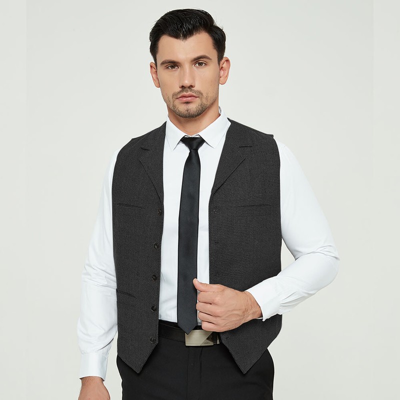 Mens Formal Lapel Slim Vests Jackets Retro Wool Tweed Herringbone Waistcoat Suit
